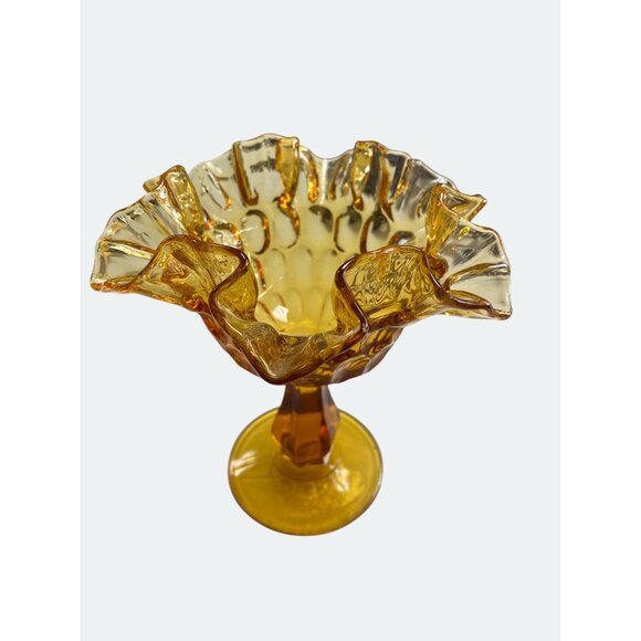 Amber Compote Ruffled Edge Glass Pedestal Vase With Textured Pattern - Picture 2 of 5